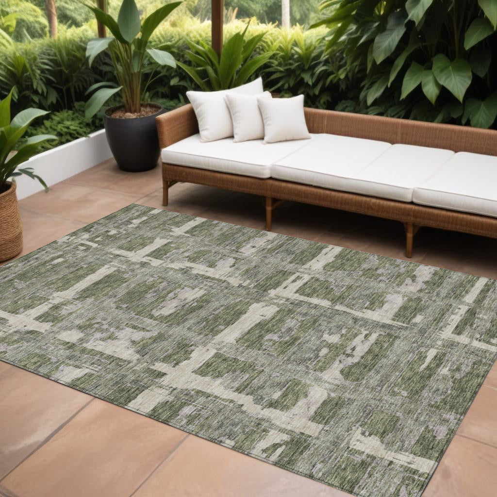 9 X 12 Olive Green Gray And Beige Striped Washable Indoor Outdoor Area Rug
