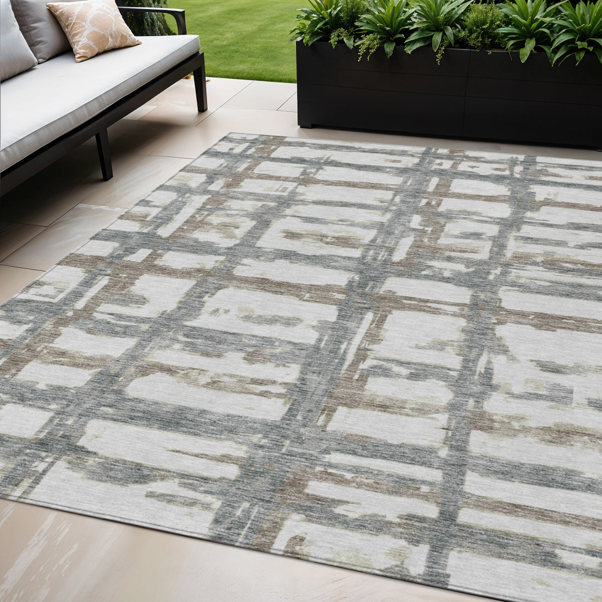 5 X 8 Silver Taupe And Gray Striped Washable Indoor Outdoor Area Rug