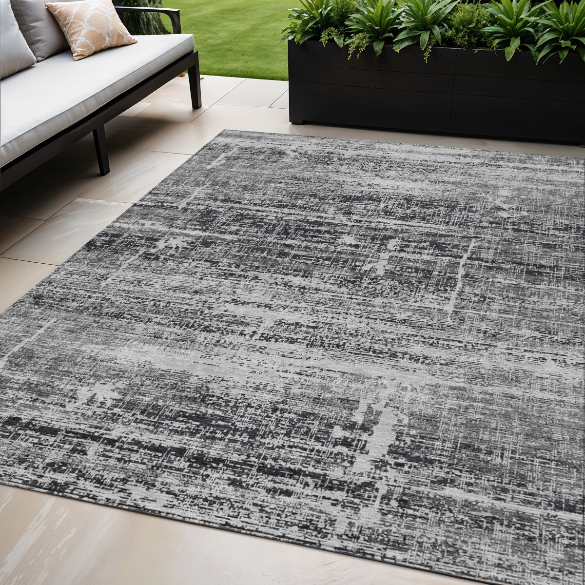 5 X 8 Black Gray And Charcoal Abstract Washable Indoor Outdoor Area Rug