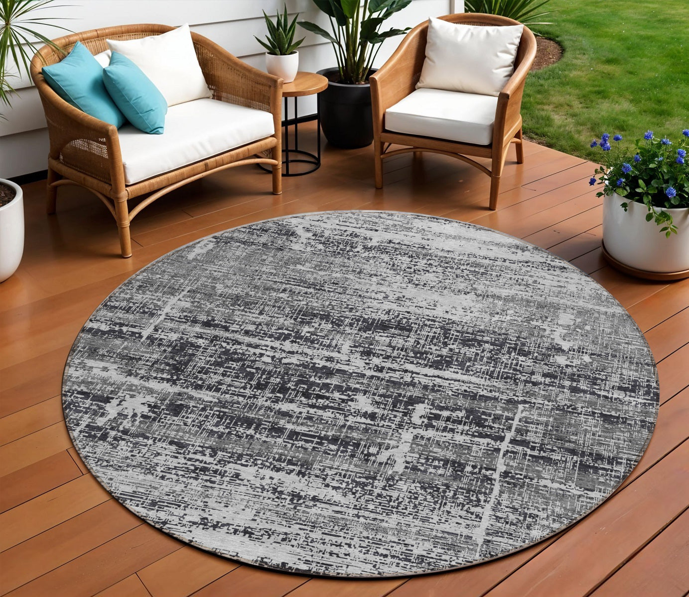 8 Black Gray And Charcoal Round Abstract Washable Indoor Outdoor Area Rug
