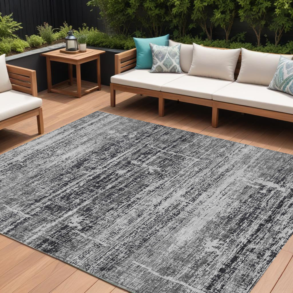 10 X 14 Black Gray And Charcoal Abstract Washable Indoor Outdoor Area Rug