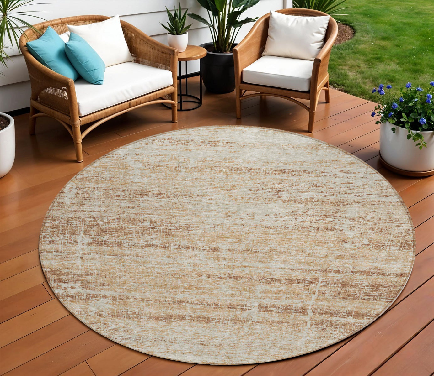 8 Copper Beige And Taupe Round Abstract Washable Indoor Outdoor Area Rug