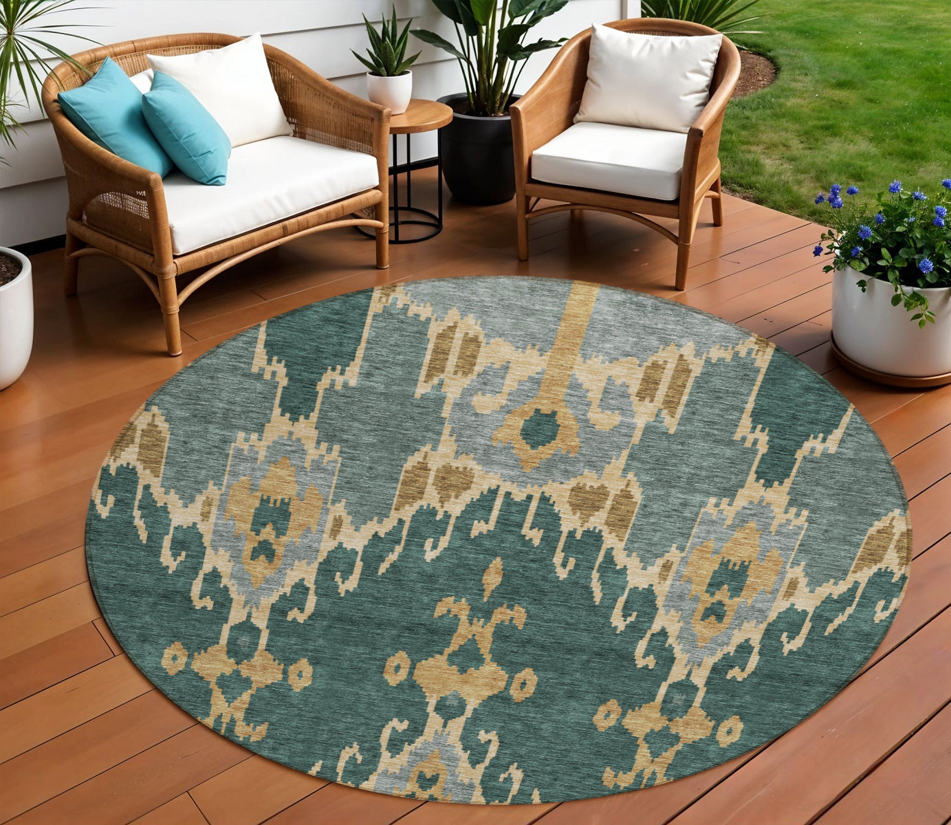 8 Green Gray And Gold Round Ikat Washable Indoor Outdoor Area Rug