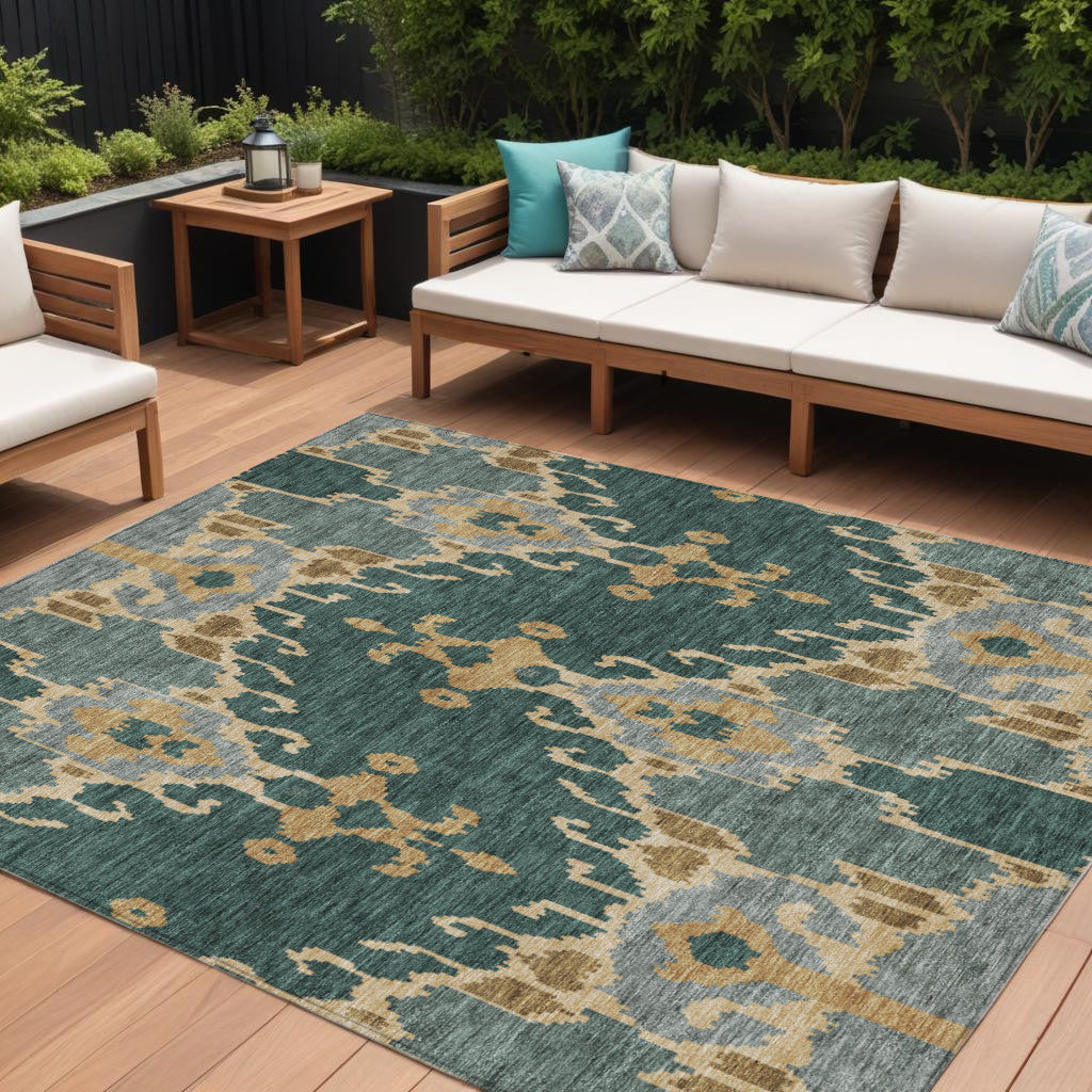 9 X 12 Green Gray And Gold Ikat Washable Indoor Outdoor Area Rug