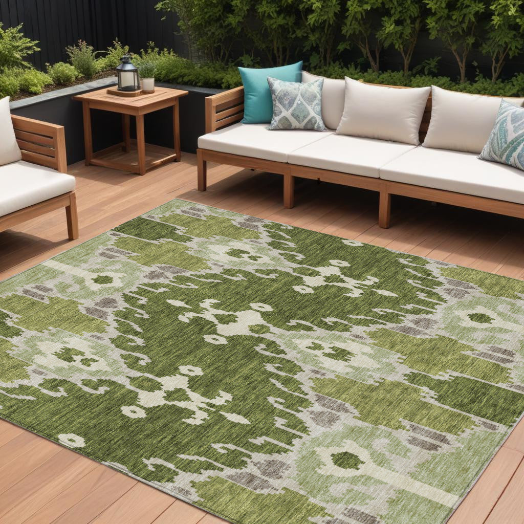 8 X 10 Olive Green And Artichoke Green Ikat Washable Indoor Outdoor Area Rug