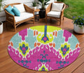 8 Pink Lime Green And Orange Round Ikat Washable Indoor Outdoor Area Rug