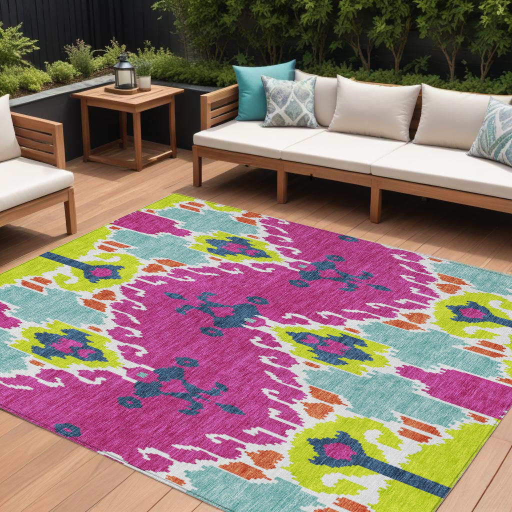 10 X 14 Pink Lime Green And Orange Ikat Washable Indoor Outdoor Area Rug