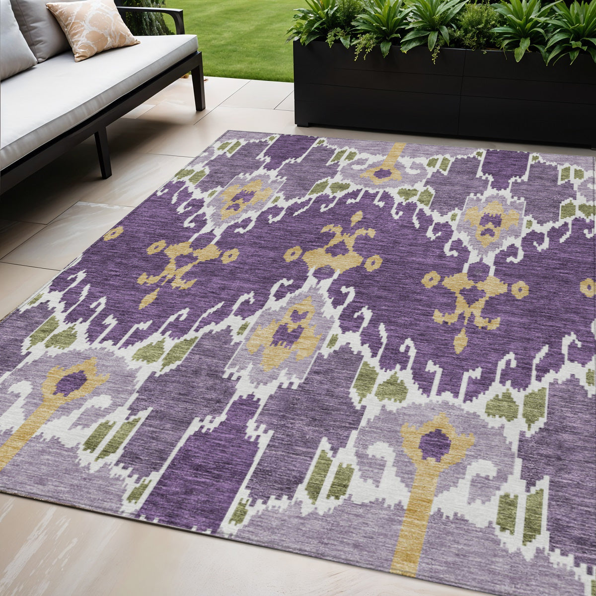 5 X 8 Purple Lavender And Gold Ikat Washable Indoor Outdoor Area Rug