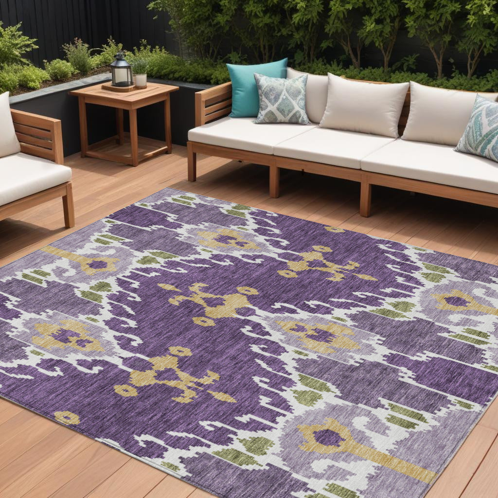 10 X 14 Purple Lavender And Gold Ikat Washable Indoor Outdoor Area Rug