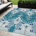 5 X 8 Teal Blue Navy Blue And Gray Ikat Washable Indoor Outdoor Area Rug