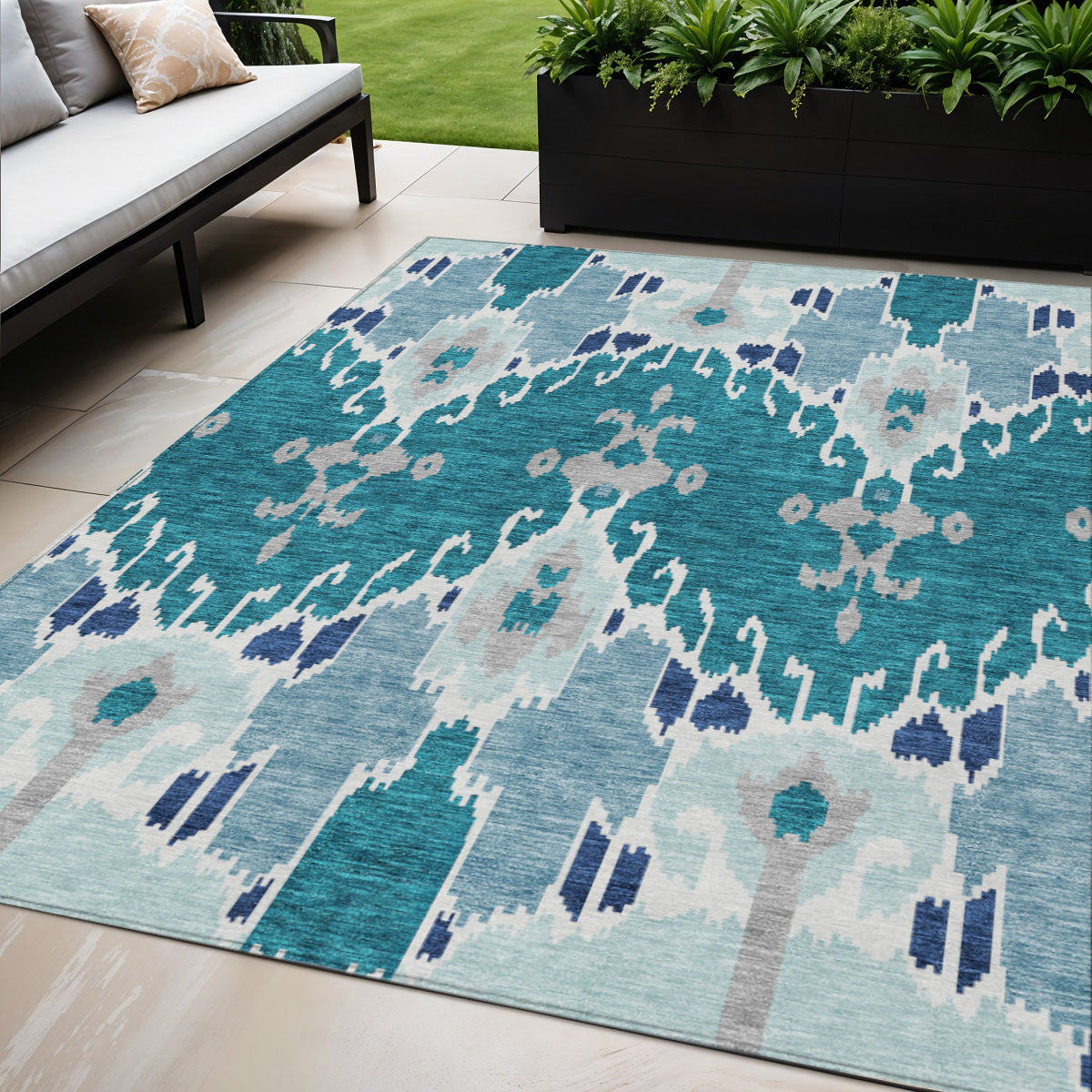 5 X 8 Teal Blue Navy Blue And Gray Ikat Washable Indoor Outdoor Area Rug
