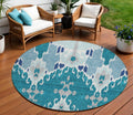 8 Teal Blue Navy Blue And Gray Round Ikat Washable Indoor Outdoor Area Rug