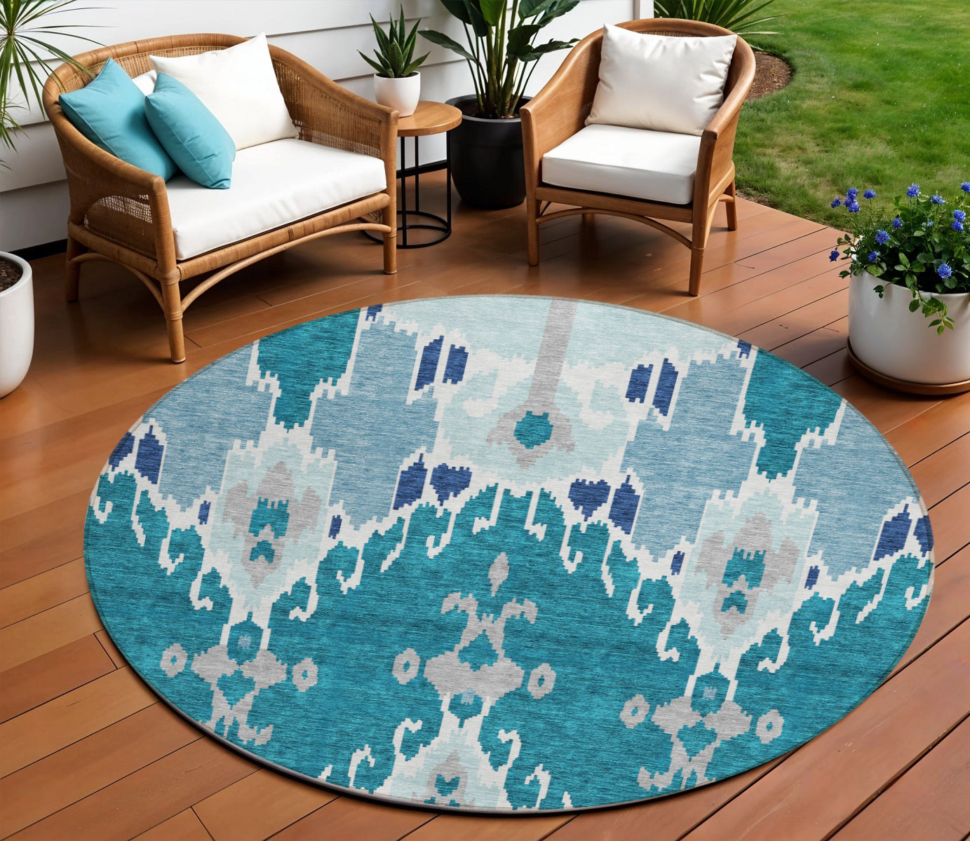 8 Teal Blue Navy Blue And Gray Round Ikat Washable Indoor Outdoor Area Rug