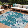 9 X 12 Teal Blue Navy Blue And Gray Ikat Washable Indoor Outdoor Area Rug