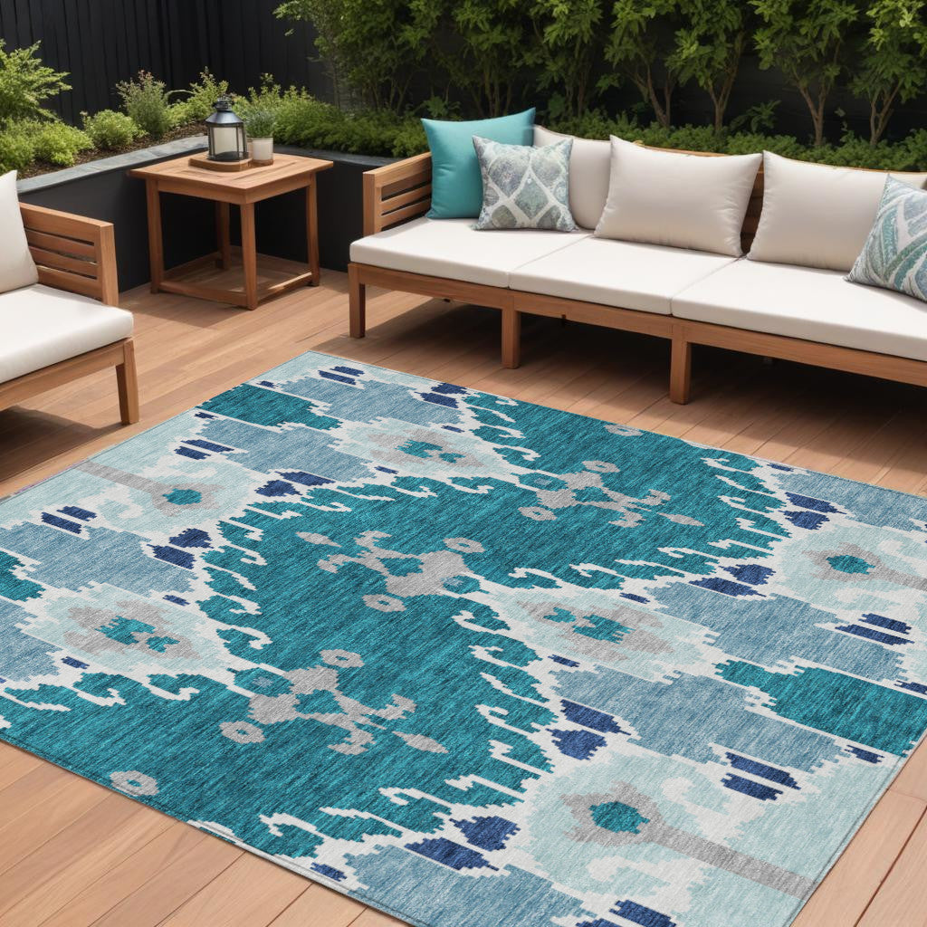 9 X 12 Teal Blue Navy Blue And Gray Ikat Washable Indoor Outdoor Area Rug