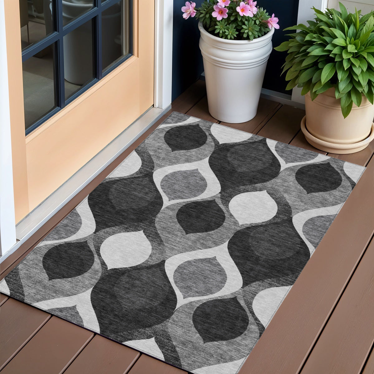 3 X 5 Black Silver And Charcoal Ogee Washable Indoor Outdoor Area Rug