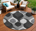8 Black Silver And Charcoal Round Ogee Washable Indoor Outdoor Area Rug