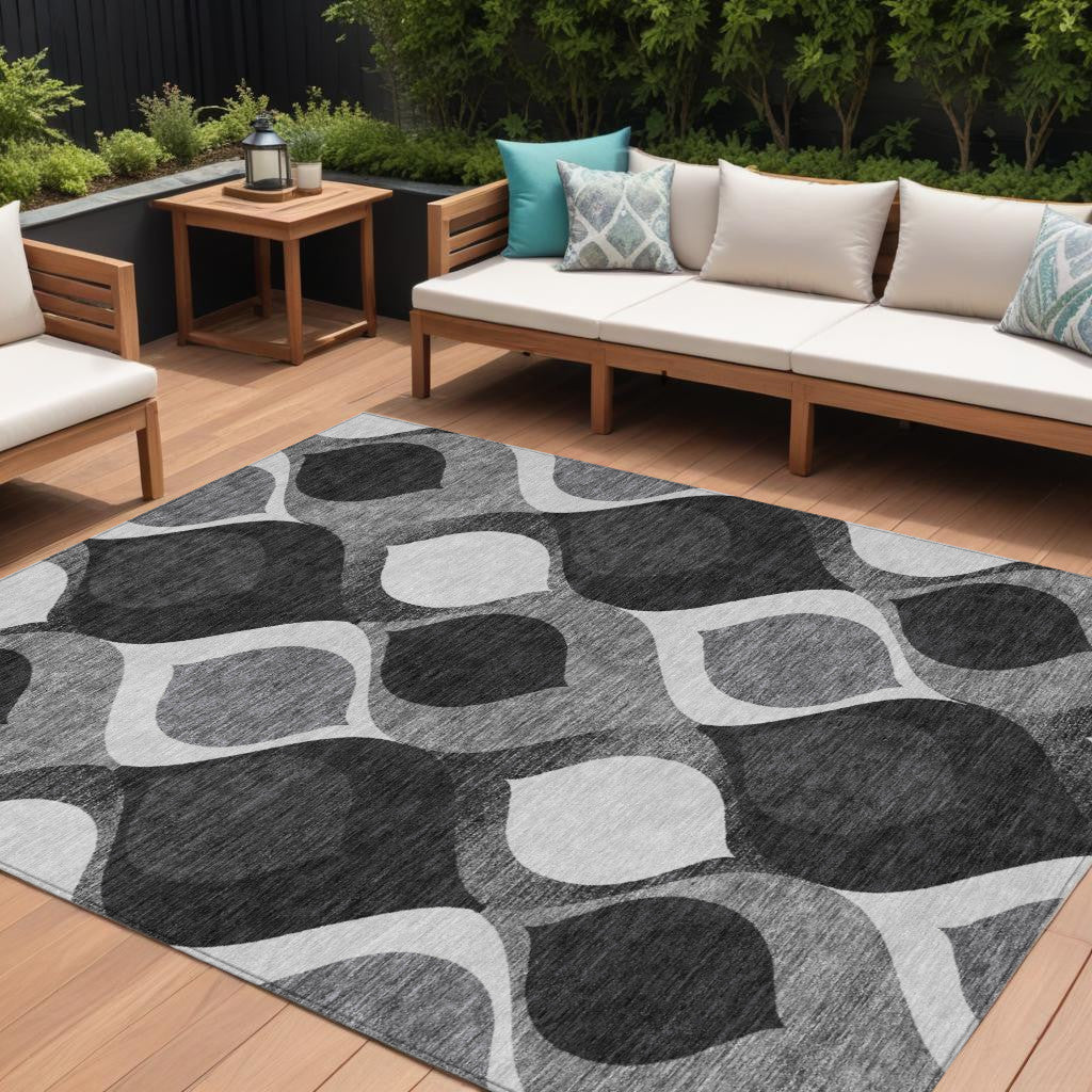 9 X 12 Black Silver And Charcoal Ogee Washable Indoor Outdoor Area Rug