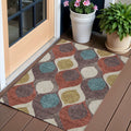 3 X 5 Brown Taupe And Teal Blue Ogee Washable Indoor Outdoor Area Rug