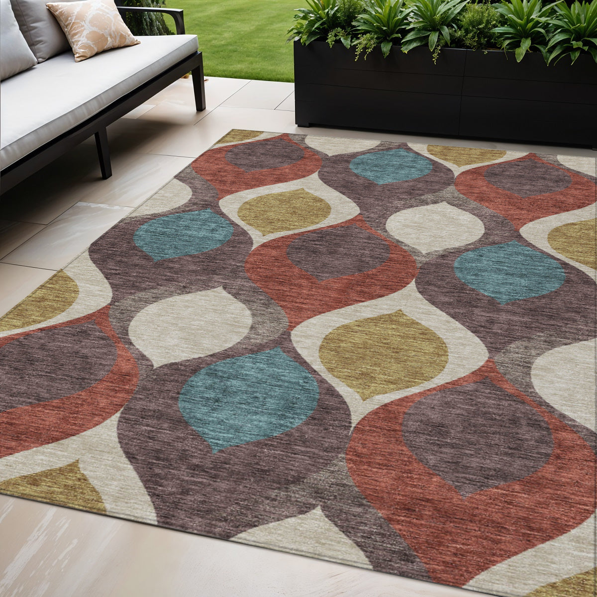 5 X 8 Brown Taupe And Teal Blue Ogee Washable Indoor Outdoor Area Rug