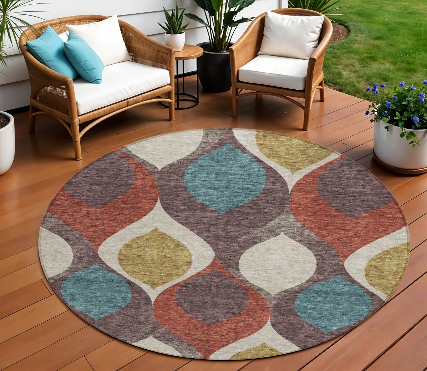 8 Brown Taupe And Teal Blue Round Ogee Washable Indoor Outdoor Area Rug