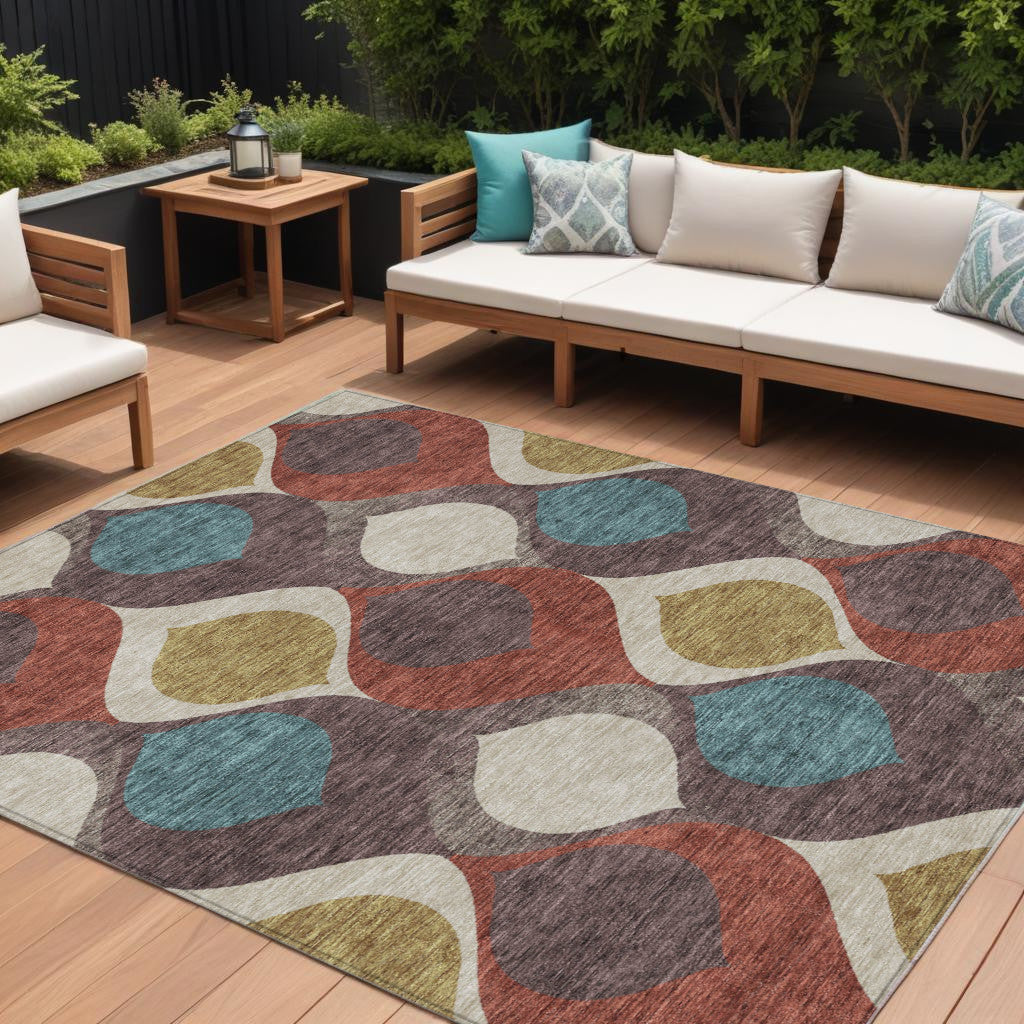 8 X 10 Brown Taupe And Teal Blue Ogee Washable Indoor Outdoor Area Rug