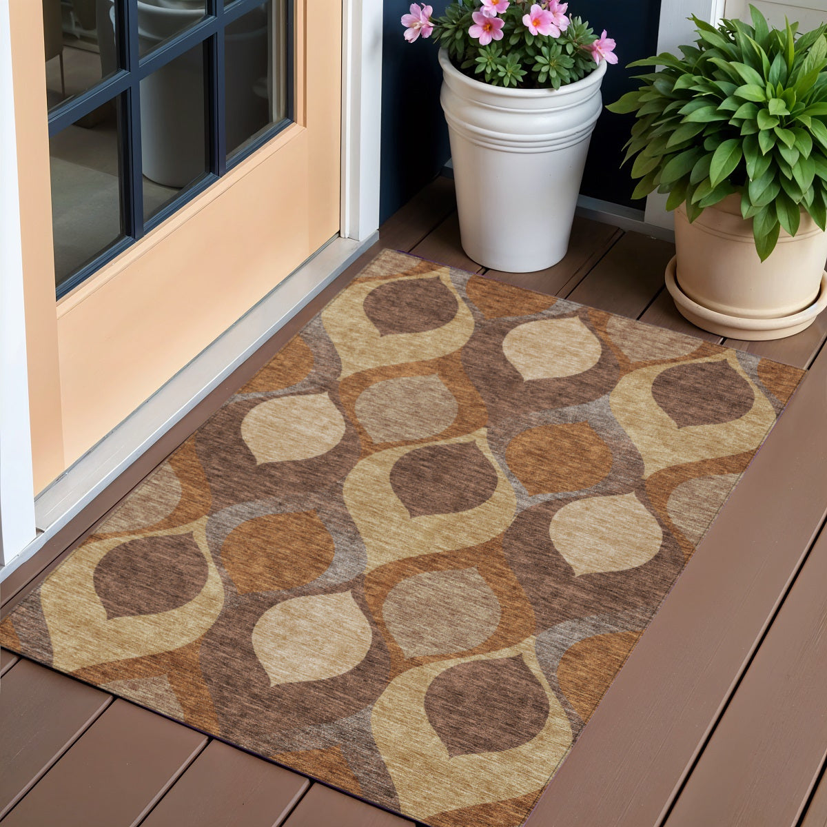 3 X 5 Copper Beige And Taupe Ogee Washable Indoor Outdoor Area Rug