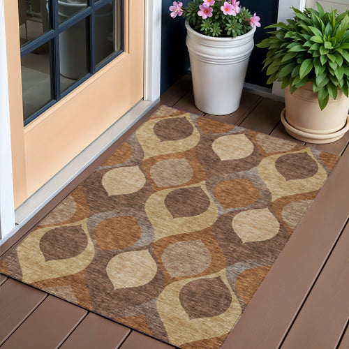 3 X 5 Copper Beige And Taupe Ogee Washable Indoor Outdoor Area Rug