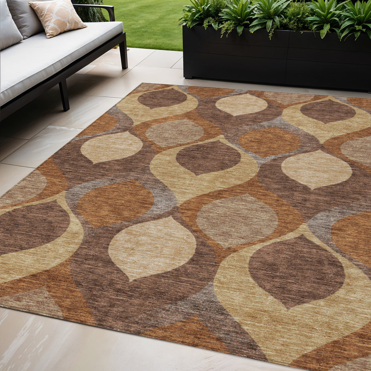 5 X 8 Copper Beige And Taupe Ogee Washable Indoor Outdoor Area Rug