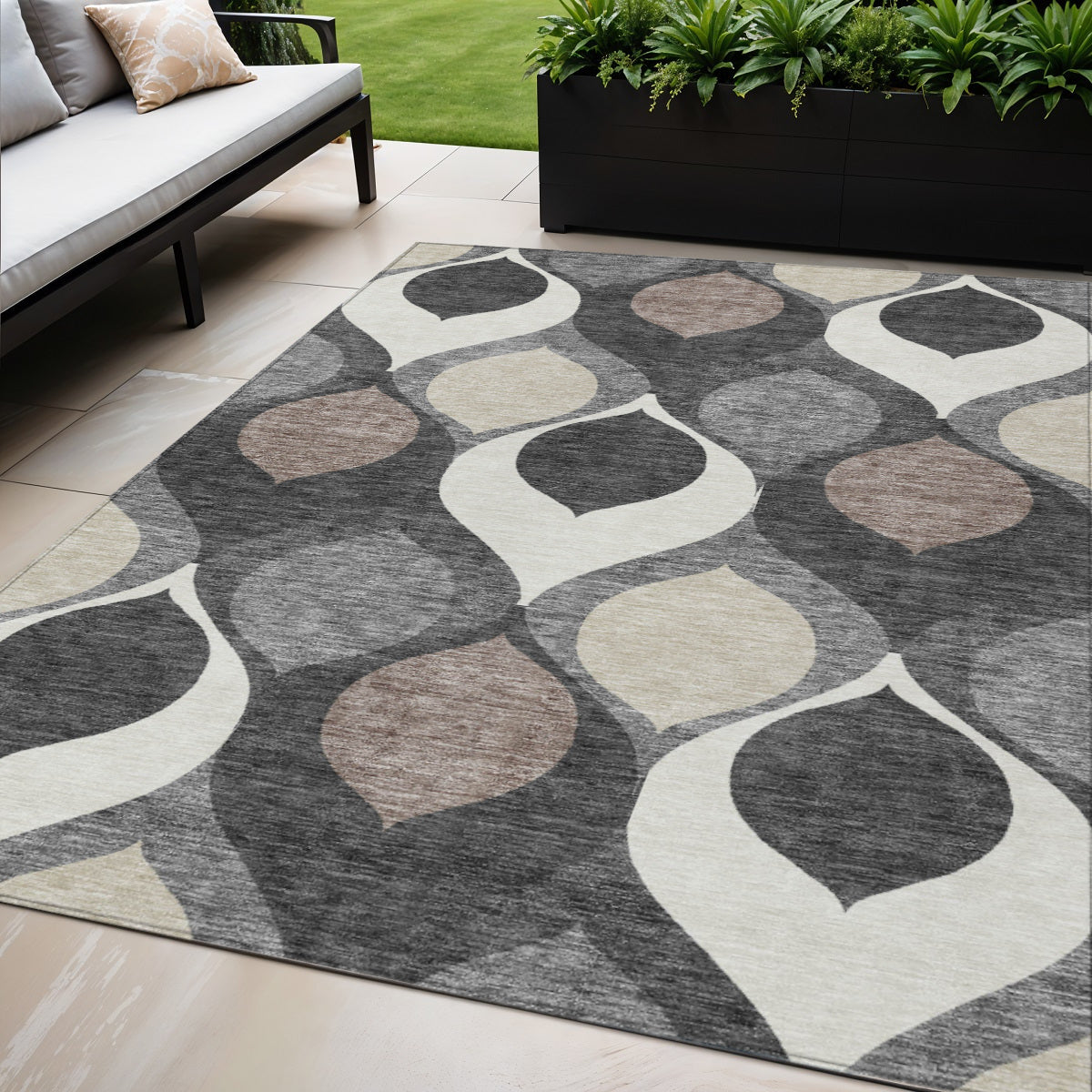 5 X 8 Gray Beige And Taupe Ogee Washable Indoor Outdoor Area Rug