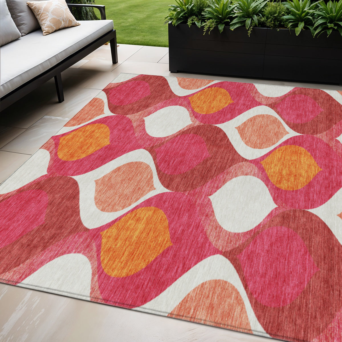 5 X 8 Pink Mauve And Orange Ogee Washable Indoor Outdoor Area Rug