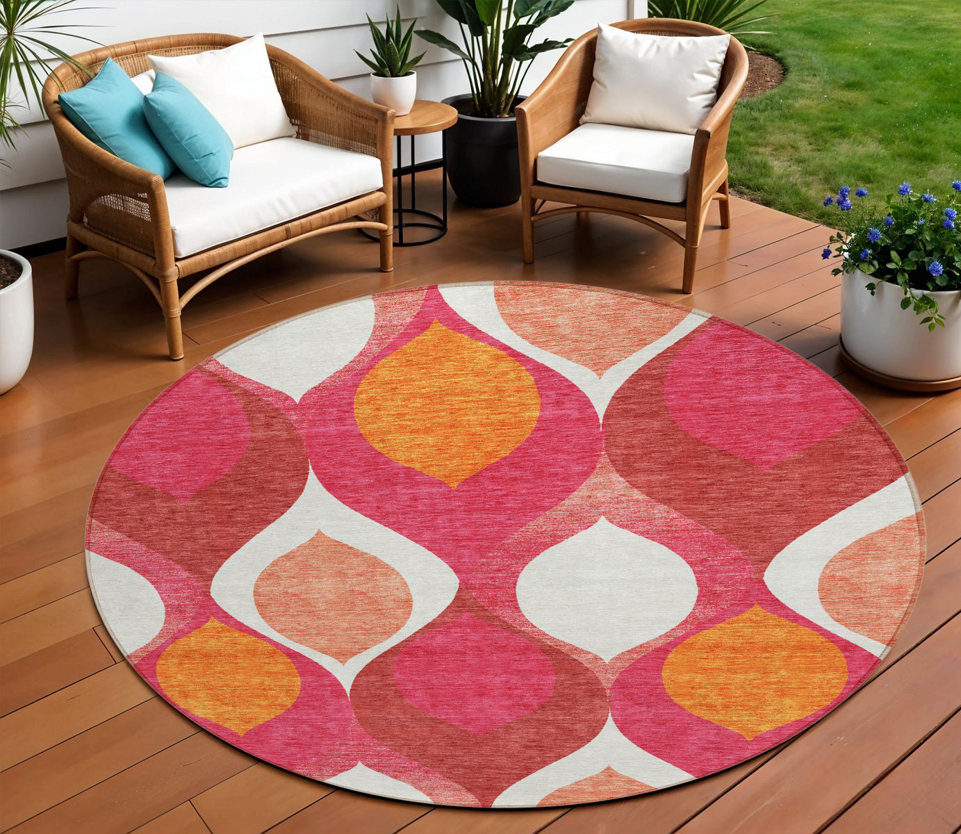 8 Pink Mauve And Orange Round Ogee Washable Indoor Outdoor Area Rug
