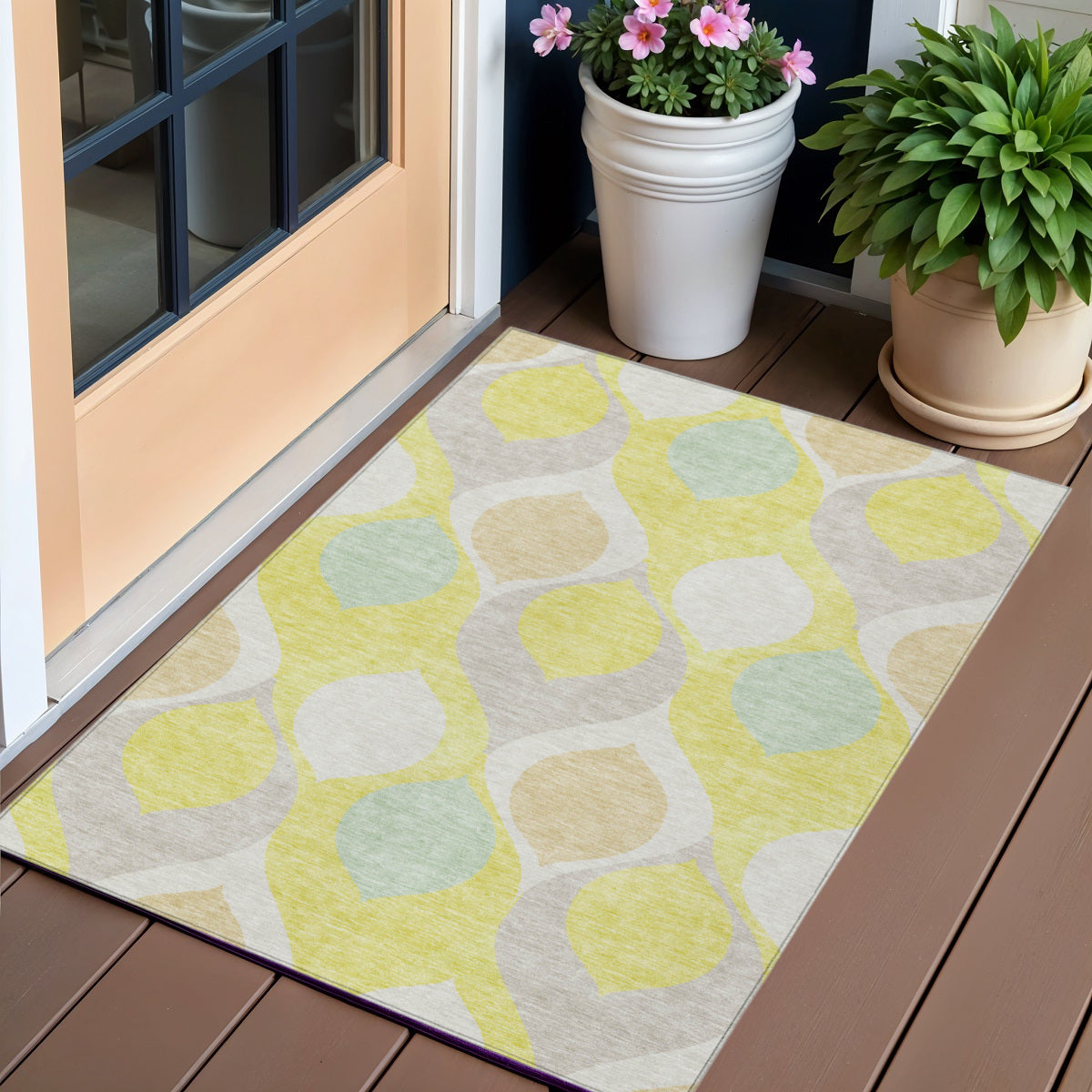 3 X 5 Yellow Mint Green And Beige Ogee Washable Indoor Outdoor Area Rug