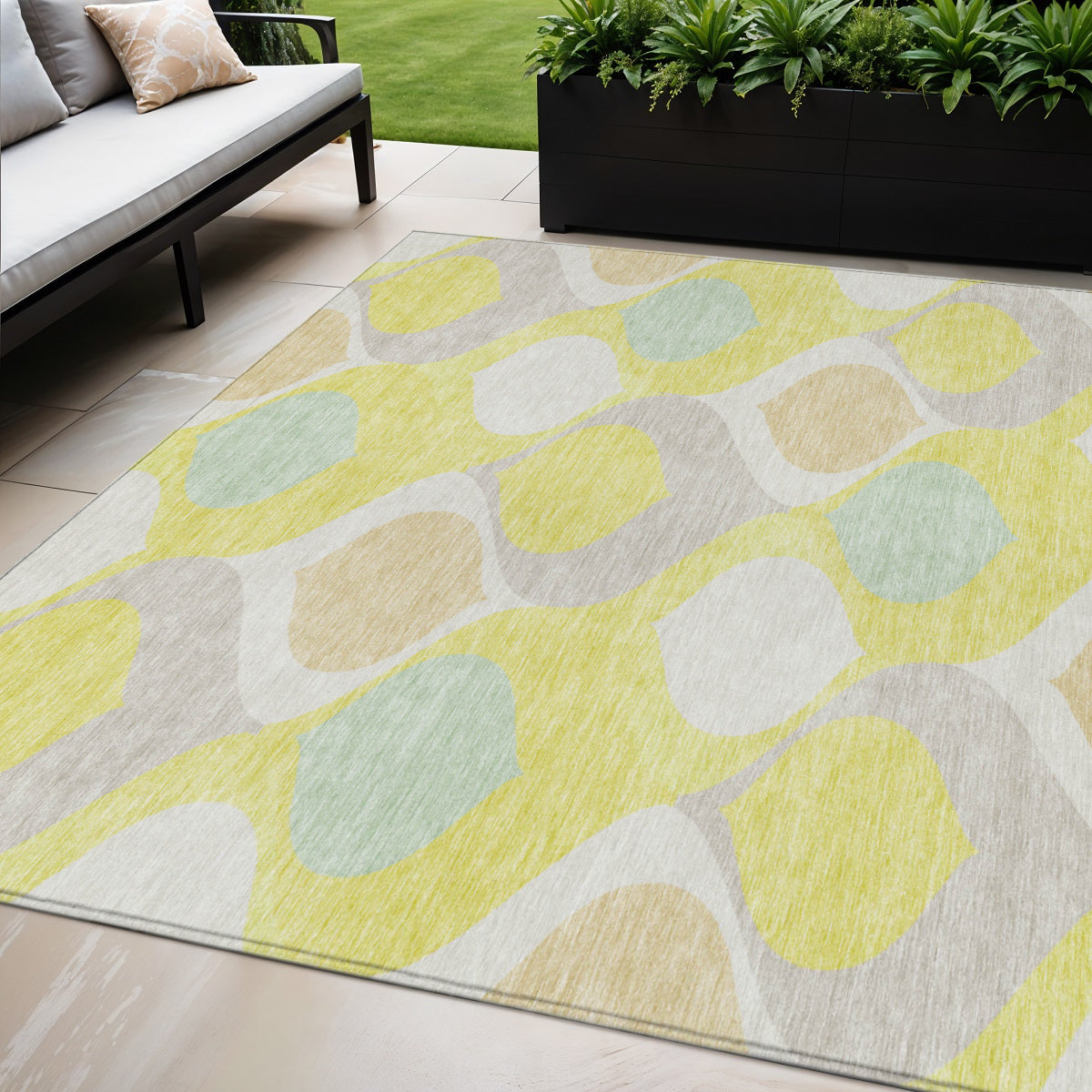 5 X 8 Yellow Mint Green And Beige Ogee Washable Indoor Outdoor Area Rug