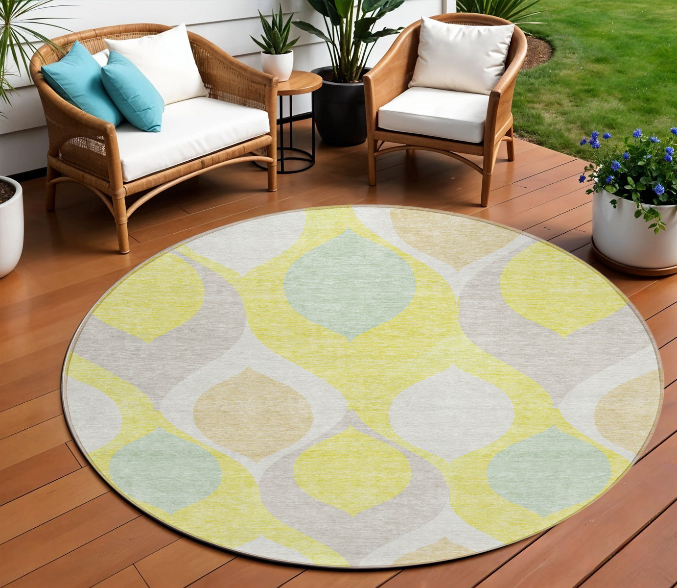 8 Yellow Mint Green And Beige Round Ogee Washable Indoor Outdoor Area Rug