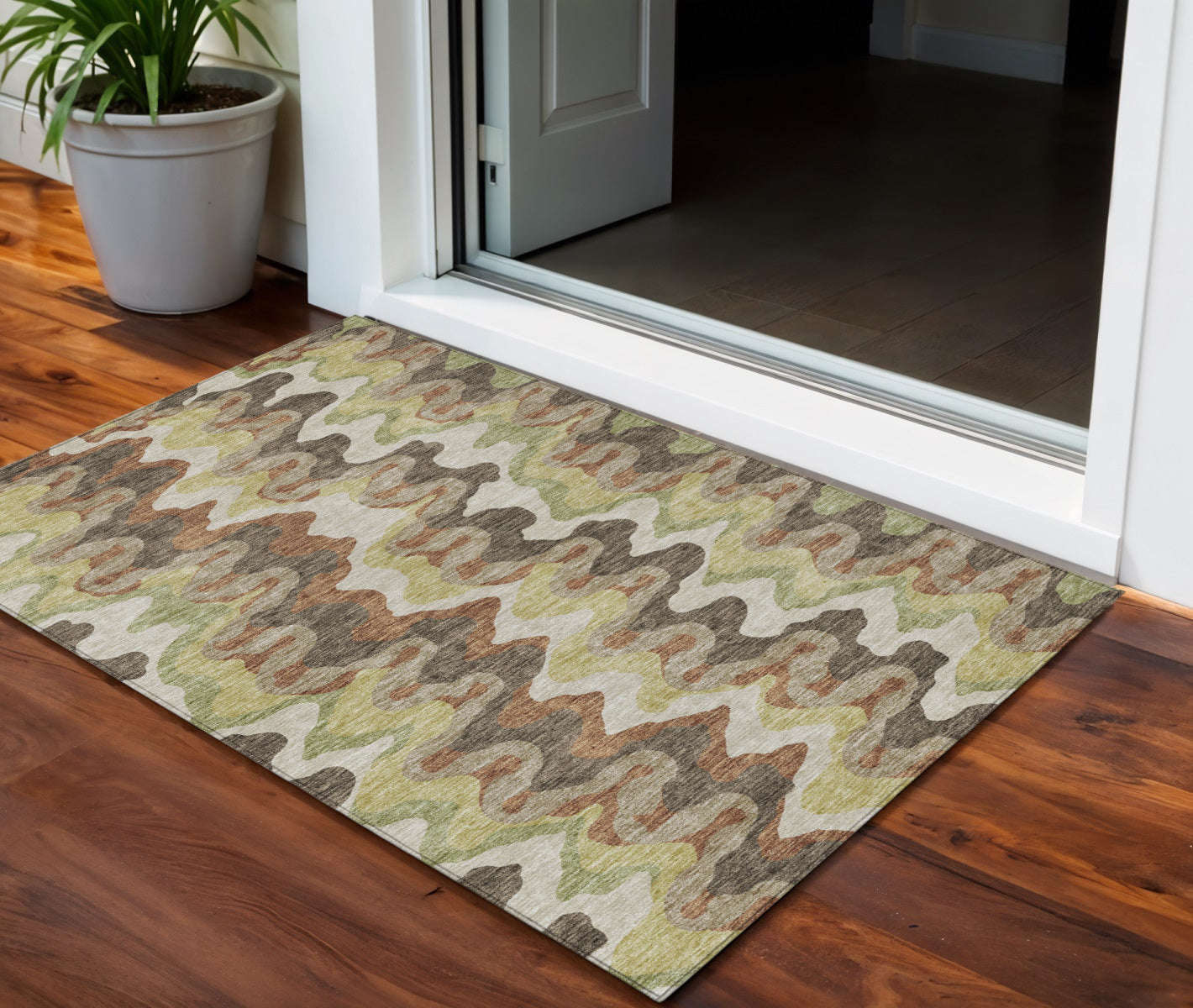 3 X 5 Chocolate Copper And Artichoke Green Abstract Washable Indoor Outdoor Area Rug
