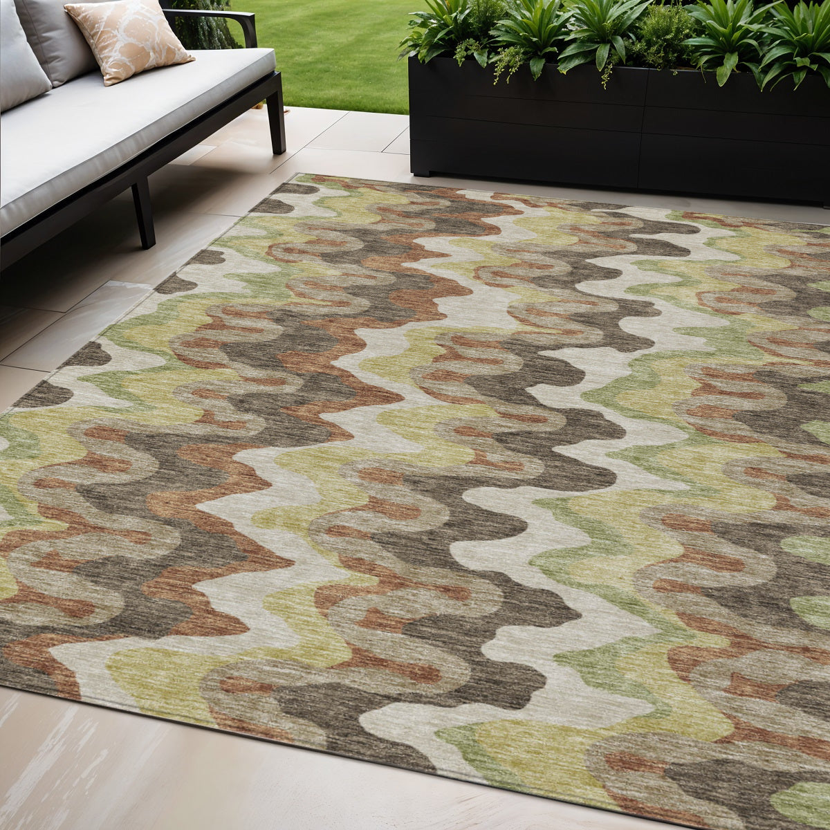 5 X 8 Chocolate Copper And Artichoke Green Abstract Washable Indoor Outdoor Area Rug