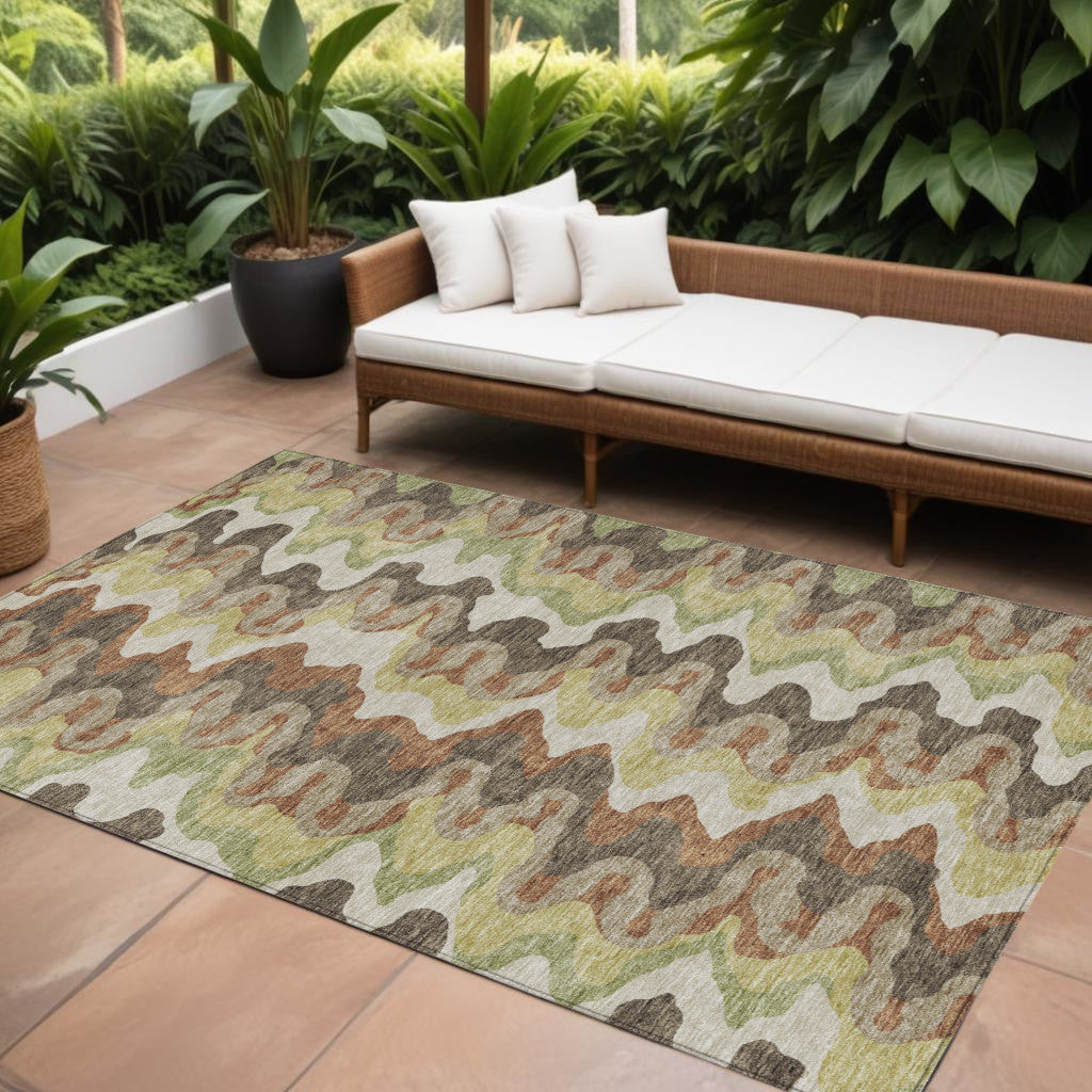9 X 12 Chocolate Copper And Artichoke Green Abstract Washable Indoor Outdoor Area Rug