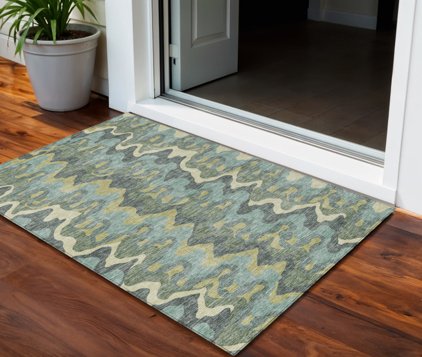 3 X 5 Sage And Artichoke Green Abstract Washable Indoor Outdoor Area Rug