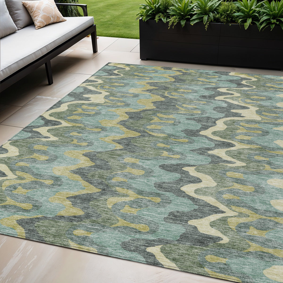 5 X 8 Sage And Artichoke Green Abstract Washable Indoor Outdoor Area Rug