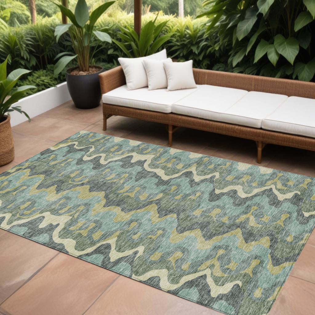 9 X 12 Sage And Artichoke Green Abstract Washable Indoor Outdoor Area Rug