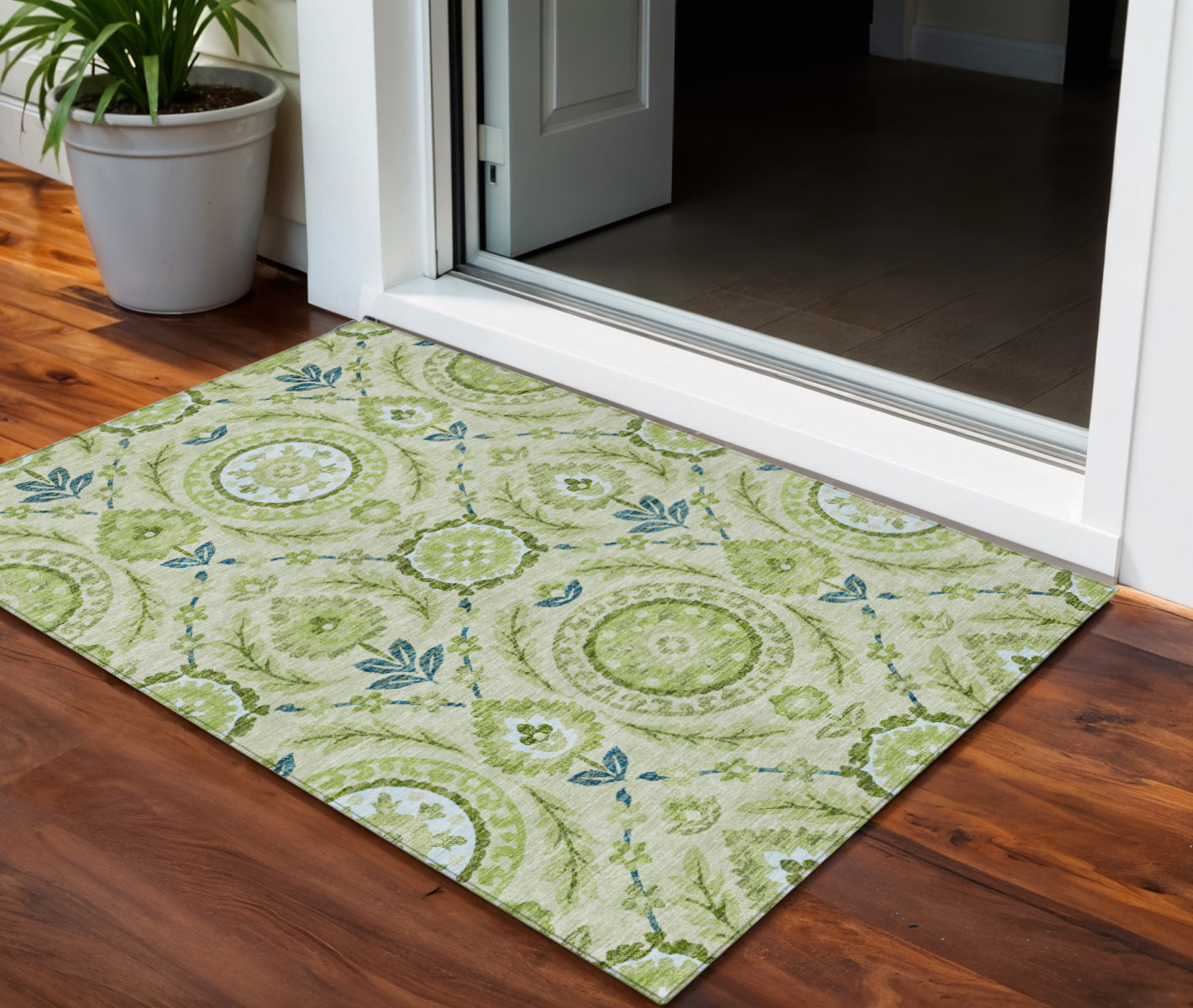 3 X 5 Artichoke Green Olive Green And Blue Floral Washable Indoor Outdoor Area Rug