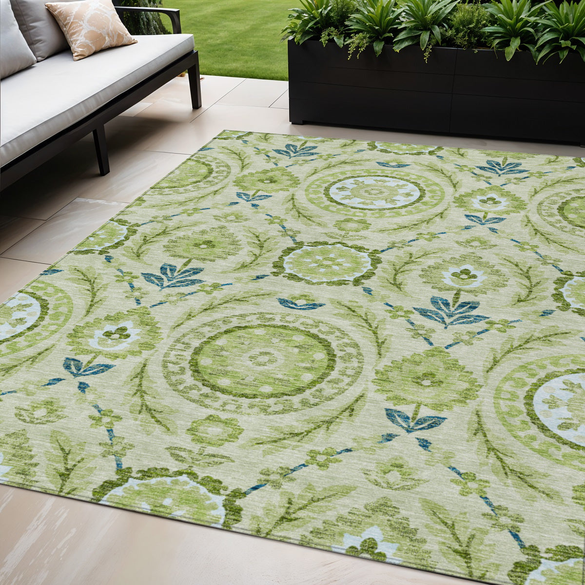 5 X 8 Artichoke Green Olive Green And Blue Floral Washable Indoor Outdoor Area Rug