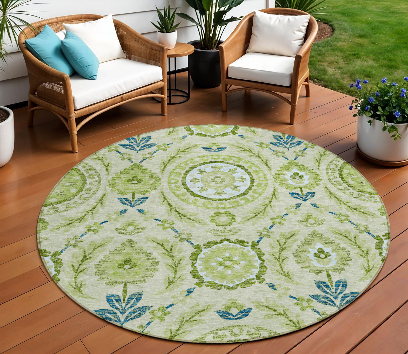 8 Artichoke Green Olive Green And Blue Round Floral Washable Indoor Outdoor Area Rug