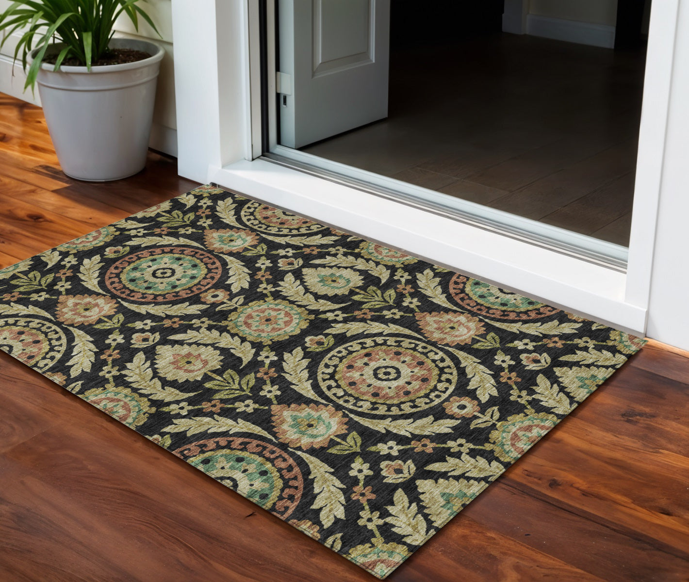 3 X 5 Black Gold And Copper Floral Washable Indoor Outdoor Area Rug
