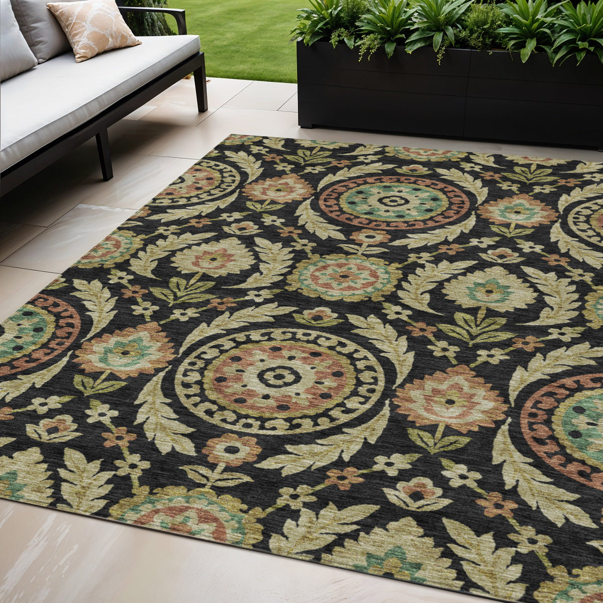 5 X 8 Black Gold And Copper Floral Washable Indoor Outdoor Area Rug