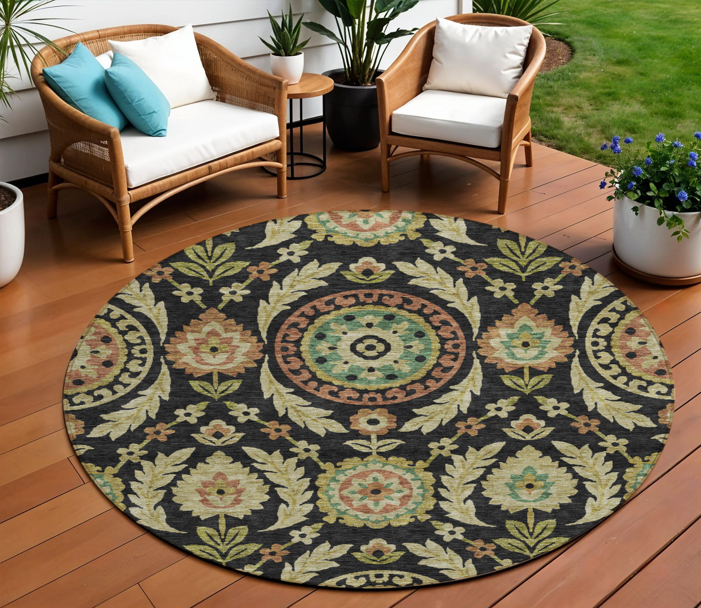 8 Black Gold And Copper Round Floral Washable Indoor Outdoor Area Rug