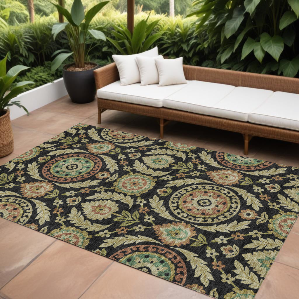 9 X 12 Black Gold And Copper Floral Washable Indoor Outdoor Area Rug