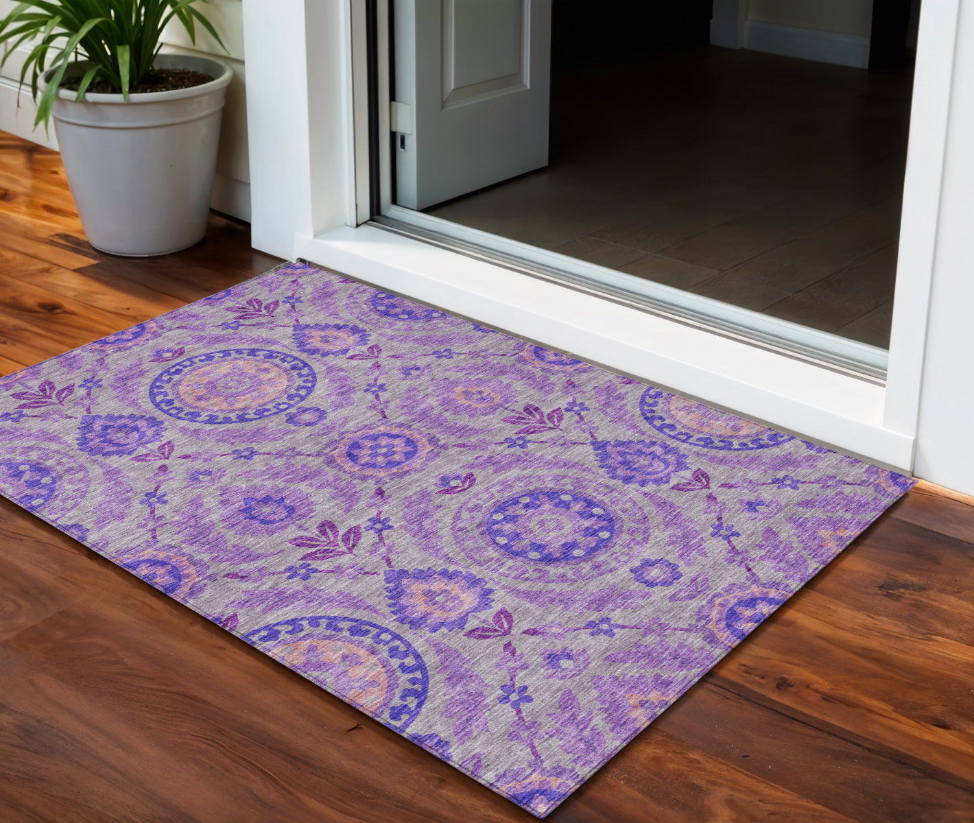 3 X 5 Lavender Lilac And Gray Floral Washable Indoor Outdoor Area Rug