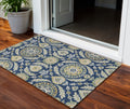 3 X 5 Navy Blue Gold And Beige Floral Washable Indoor Outdoor Area Rug